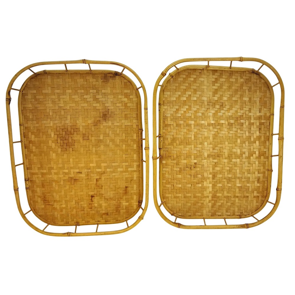 Set of 2 Vintage Rattan Bamboo Trays with Handles Natural Boho Serving Decor